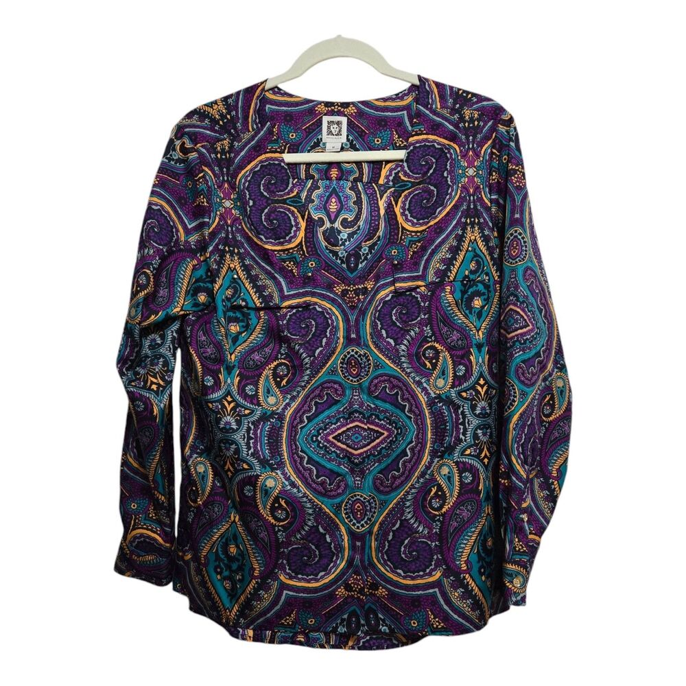 Anne Klein Blouse Paisley Purple Green Size Medium Colorful Career